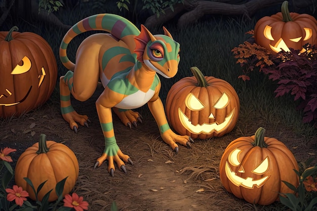 Un astuto camaleonte mimetizzato da jacko'lantern si fonde perfettamente con un campo di zucche mentre trama scherzi di Halloween nell'illustrazione del giardino