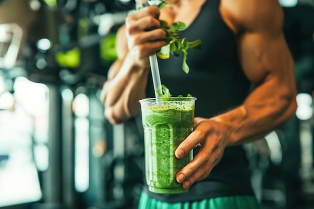 Un atleta dedicato si rifornisce con un nutriente frullato vegano dopo una rigorosa sessione di allenamento al