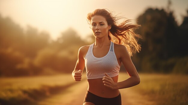 Un'atleta donna va in sport una donna bionda in una corsa mattutina nel parco