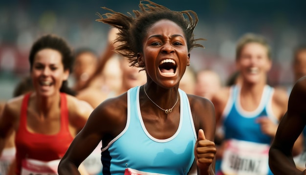 Un'atleta femminile di atletica leggera che celebra la vittoria in una gara di sprint in un evento sportivo