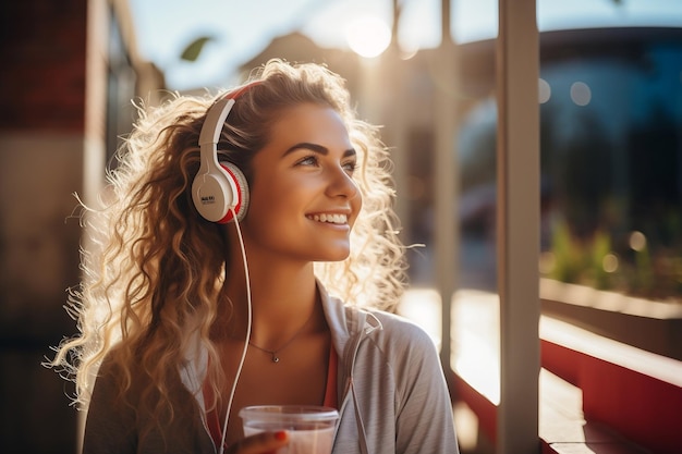 Un'atleta femminile si ferma all'aperto per idratarsi durante una pausa Generative Ai