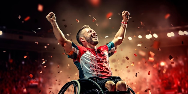 un atleta paralimpico che celebra una vittoria meritata creata con la tecnologia generativa dell'IA