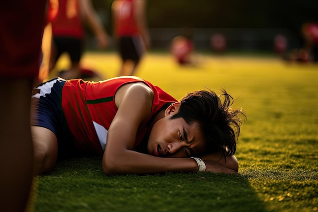 un'atleta sdraiata sull'erba con una maglia rossa in testa.