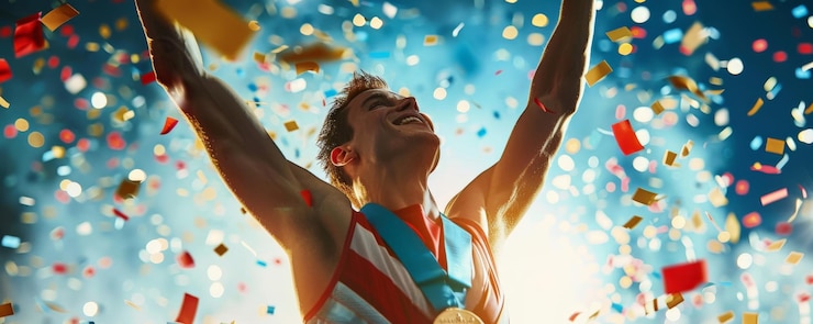 Foto un atleta vittorioso in possesso di una medaglia d'oro con confetti che piove e una folla applaudente nel