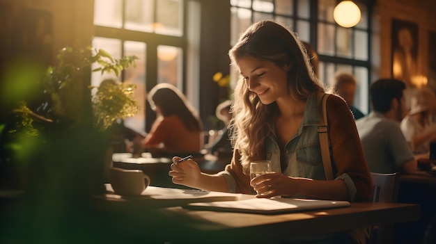 Un'atmosfera accogliente in una caffetteria con clienti che sorseggiano bevande e leggono