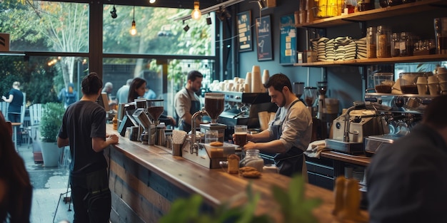 Un'atmosfera di caffetteria affollata con clienti e baristi splendidi