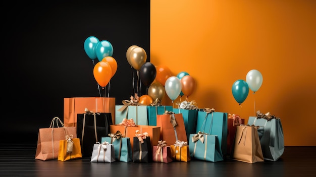 Un'atmosfera festosa del Black Friday con decorazioni colorate e shopper