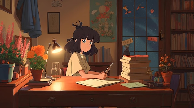Un'atmosfera tranquilla riempie la stanza mentre una ragazza studia alla sua scrivania circondata da vibrazioni anime lofi