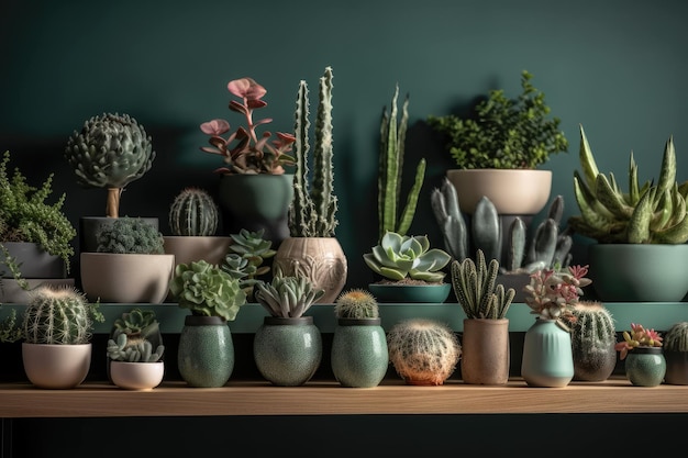 Un'attraente composizione di piante grasse e cactus in vasi di varie forme è esposta sullo scaffale verde di un soggiorno Giungla del giardino domestico con un design contemporaneo e floreale Template Copy sp