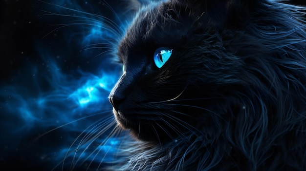 Un attraente gatto nero a pelo lungo con luminosi occhi azzurri Stile 6