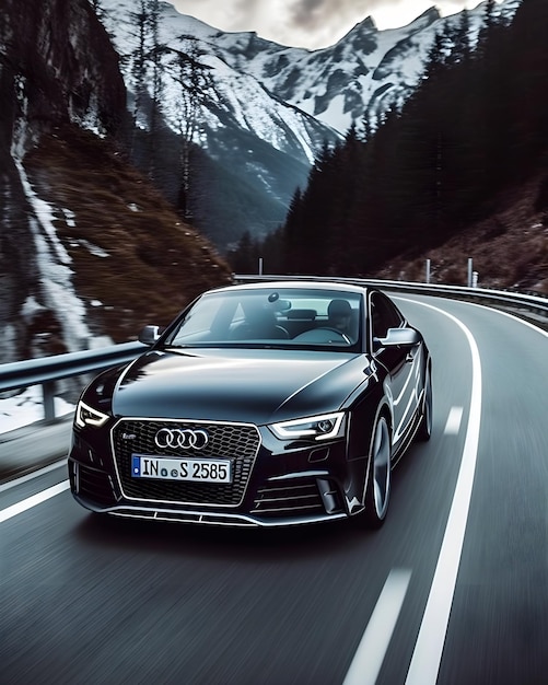 Un'Audi Sportback nera che percorre una strada di montagna.