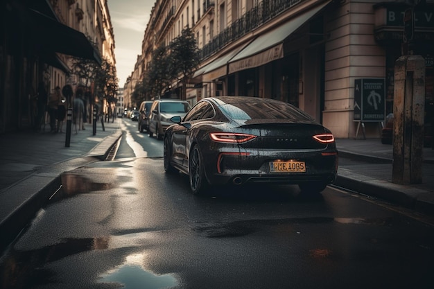 Un'Audi Sportback nera sta guidando lungo una strada di Parigi.
