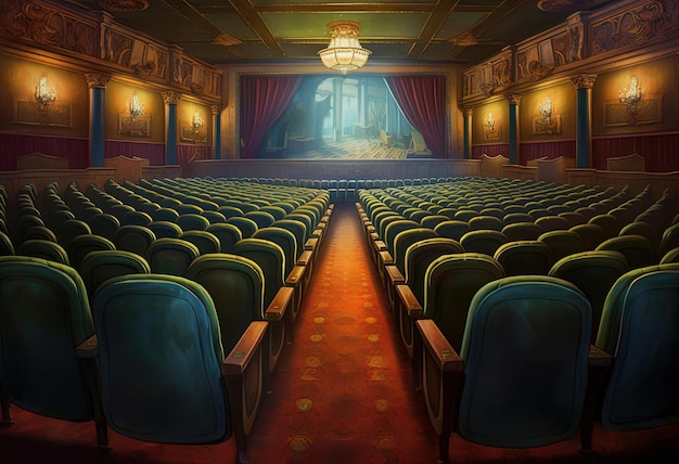 un auditorium vuoto con sedili verdi nello stile del classico