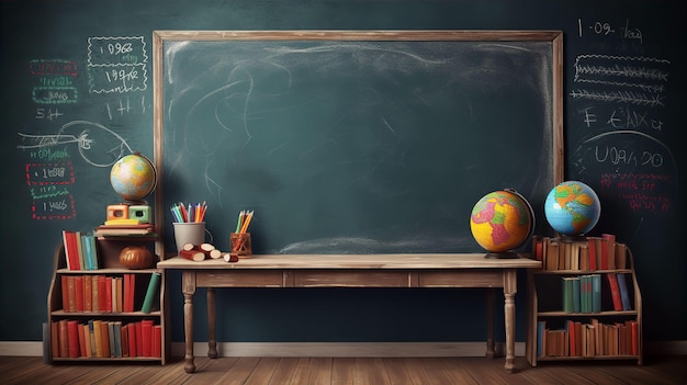 Un'aula con un globo su tavola nera e libri