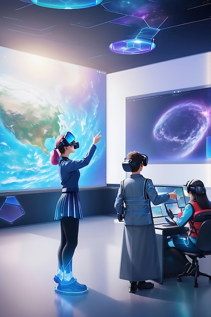 Un'aula di classe futuristica con display olografici di realtà virtuale integrata nell'esperienza di apprendimento
