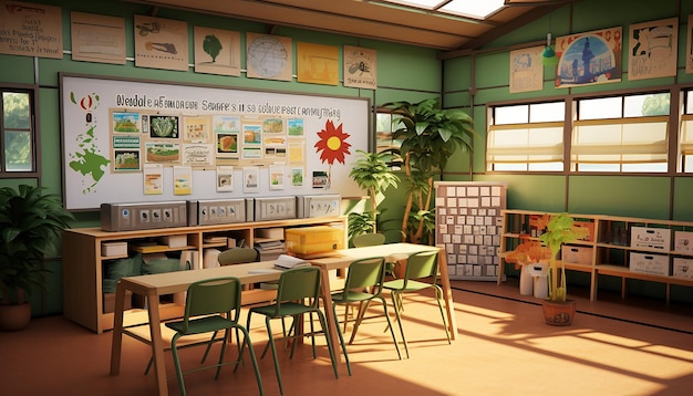 Un'aula ecologica con pannelli solari un contenitore di compost poster educativi sulla conservazione