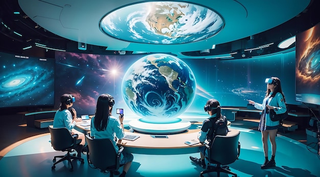 Un'aula futuristica con visualizzazione olografica della realtà virtuale integrata nell'esperienza di apprendimento