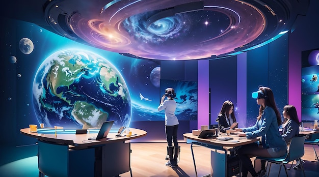 Un'aula futuristica con visualizzazione olografica della realtà virtuale integrata nell'esperienza di apprendimento