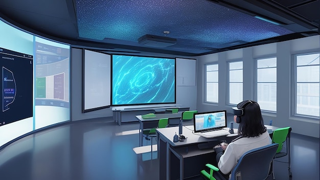 Un'aula futuristica in cui la tecnologia della realtà virtuale è perfettamente integrata nell'esperienza di apprendimento