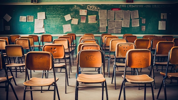 Un'aula piena di sedie in legno dai toni vintage, disposte in cerchio