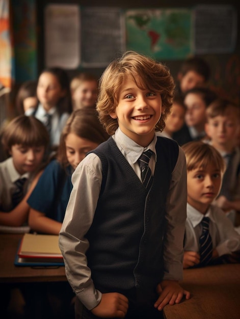 un'aula scolastica con l'uniforme scolastica e un gruppo di bambini con la cravatta.