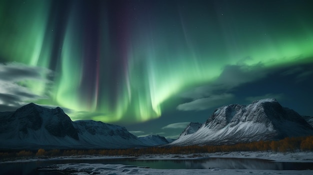 Un'aurora boreale mostra su un paesaggio montano innevato.