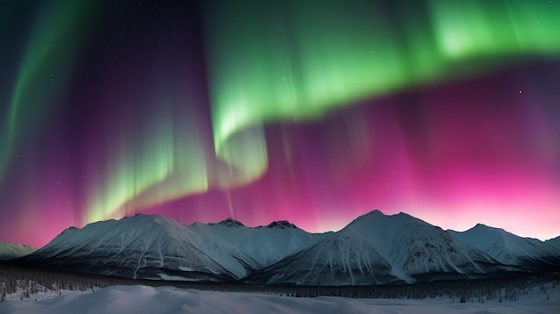 Un'aurora boreale mostra su una catena montuosa innevata