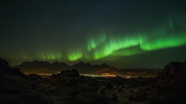 Un'aurora verde sopra una città con le stelle nel cielo