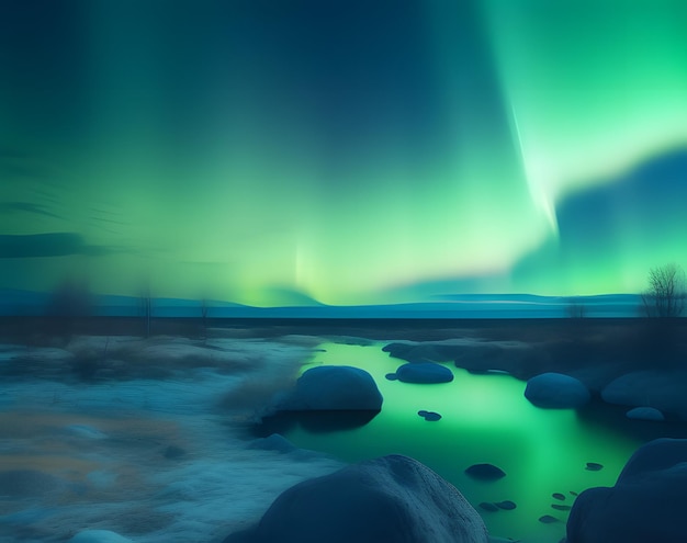 Un'aurora verde su un fiume con rocce e rocce.