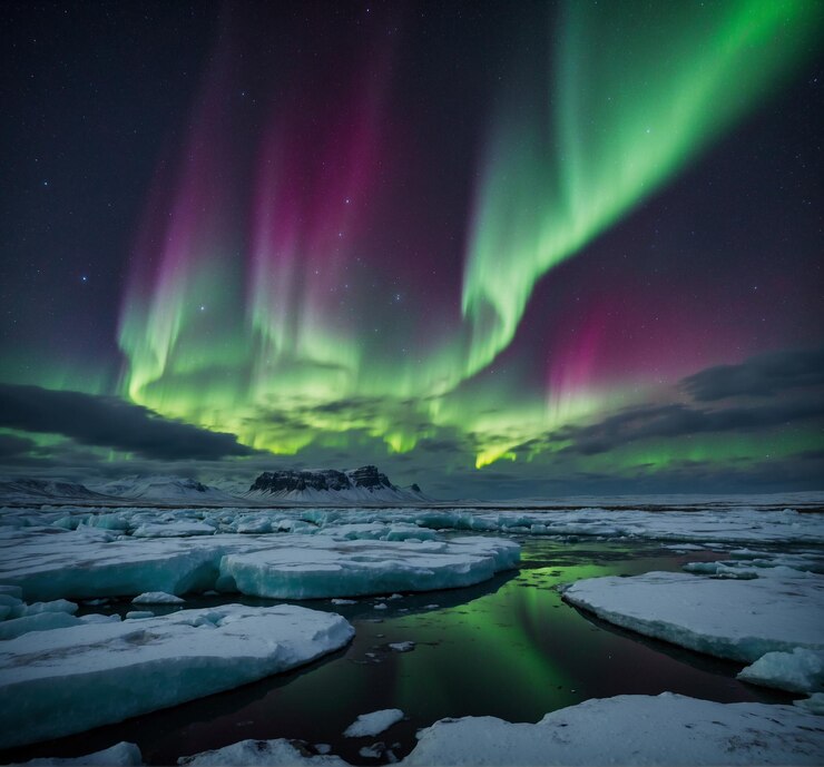 un'aurora verde su un lago ghiacciato con iceberg sullo sfondo