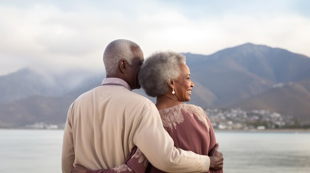 Un'autentica beatitudine in pensione Una vista posteriore di una felice coppia afroamericana anziana che si gode il mare e le montagne in una giornata nuvolosa in spiaggia