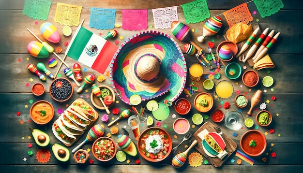 Un'autentica festa messicana con decorazioni colorate su un tavolo di legno