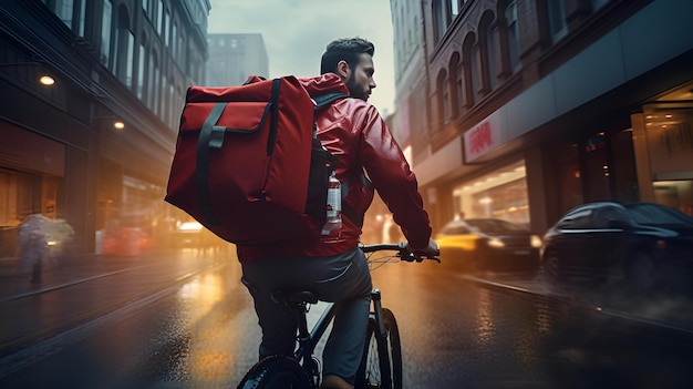 Un autista di consegna di cibo su una bicicletta che naviga per le strade della città con uno zaino