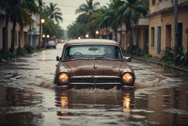 Un'auto abbandonata lotta contro le acque d'inondazione su una strada fiancheggiata da palme, una testimonianza del potere della natura.