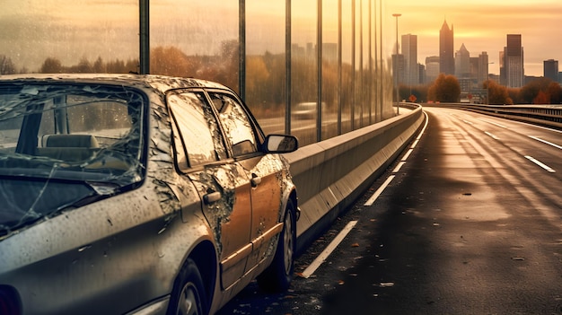 Un'auto abbandonata sulla strada per la città