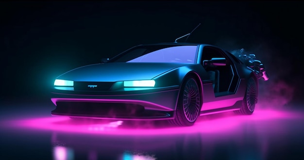 Un'auto al neon con una luce blu sul davanti.