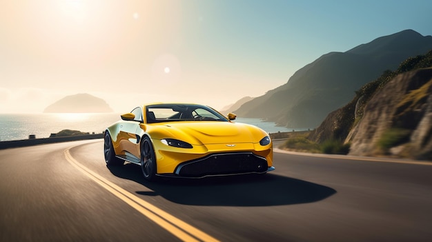 Un'auto aston martin gialla sulla strada