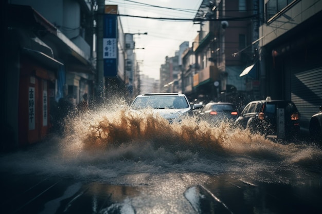 Un'auto attraversa una pozza d'acqua in una strada cittadina.