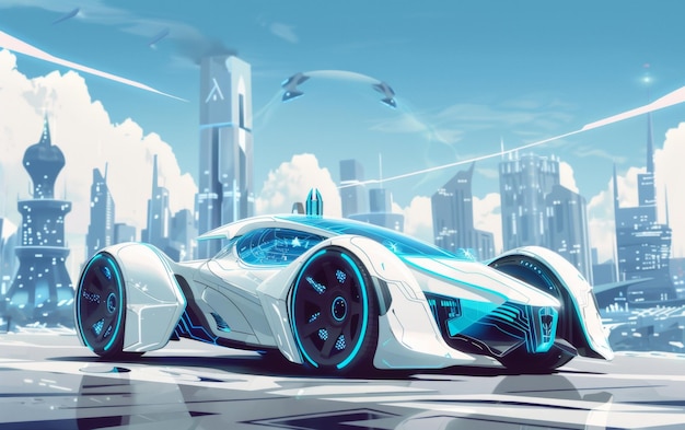 Un'auto bianca futuristica con ruote illuminate di blu si trova davanti a un paesaggio urbano stilizzato che si riflette sulla superficie lucida sottostante
