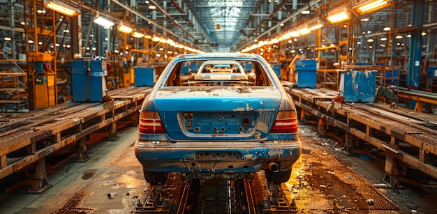 Un'auto blu è in una fabbrica con un retro sporco L'auto è al centro della fabbrica ed è circondata da altre auto