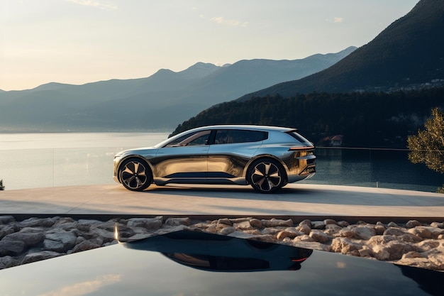 Un'auto BMW argentata è parcheggiata su un molo con le montagne sullo sfondo.