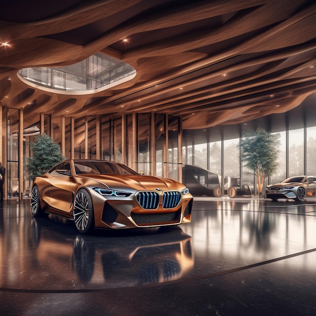 Un'auto bmw d'oro è in uno showroom con un grande soffitto di vetro.