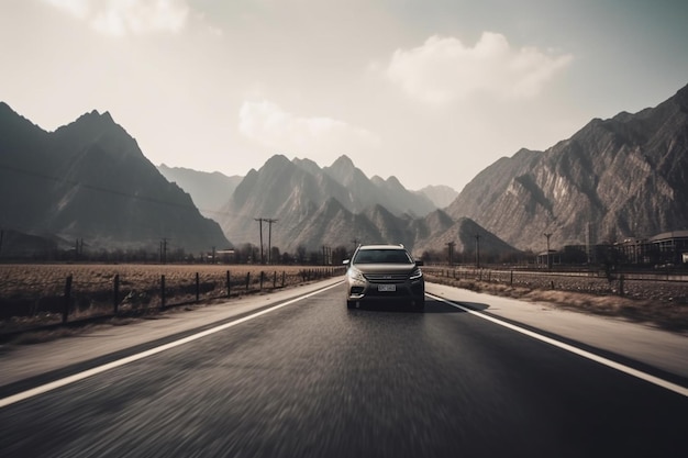 Un'auto che guida su una strada con le montagne sullo sfondo