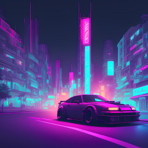 Un'auto che percorre una strada cittadina di notte con luci al neon sugli edifici e sugli edifici Ai