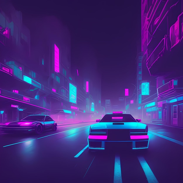 Un'auto che percorre una strada cittadina di notte con luci al neon sugli edifici e sugli edifici Ai