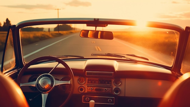 Un'auto che percorre una strada di campagna con il sole che tramonta dietro di essa