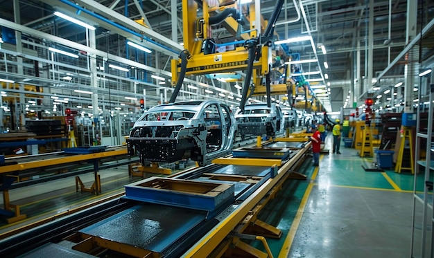 un'auto che viene lavorata in una fabbrica