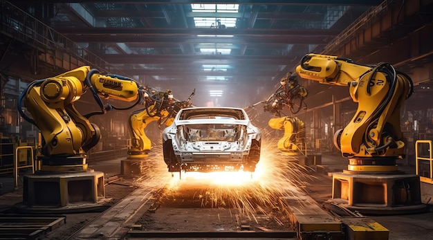 Un'auto che viene sollevata sopra un pavimento di una fabbrica con dei robot sullo sfondo.