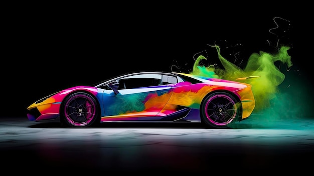 Un'auto colorata con un effetto vernice arcobaleno.