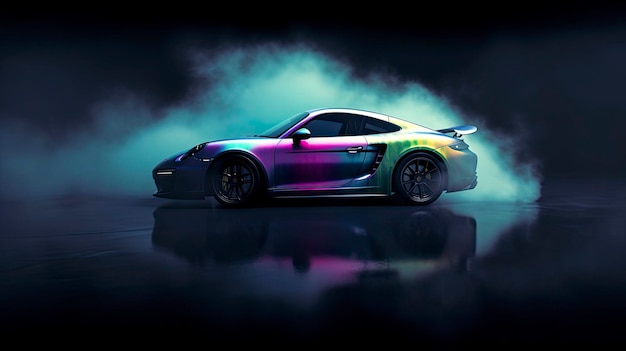 Un'auto colorata con una verniciatura arcobaleno sulla fiancata.